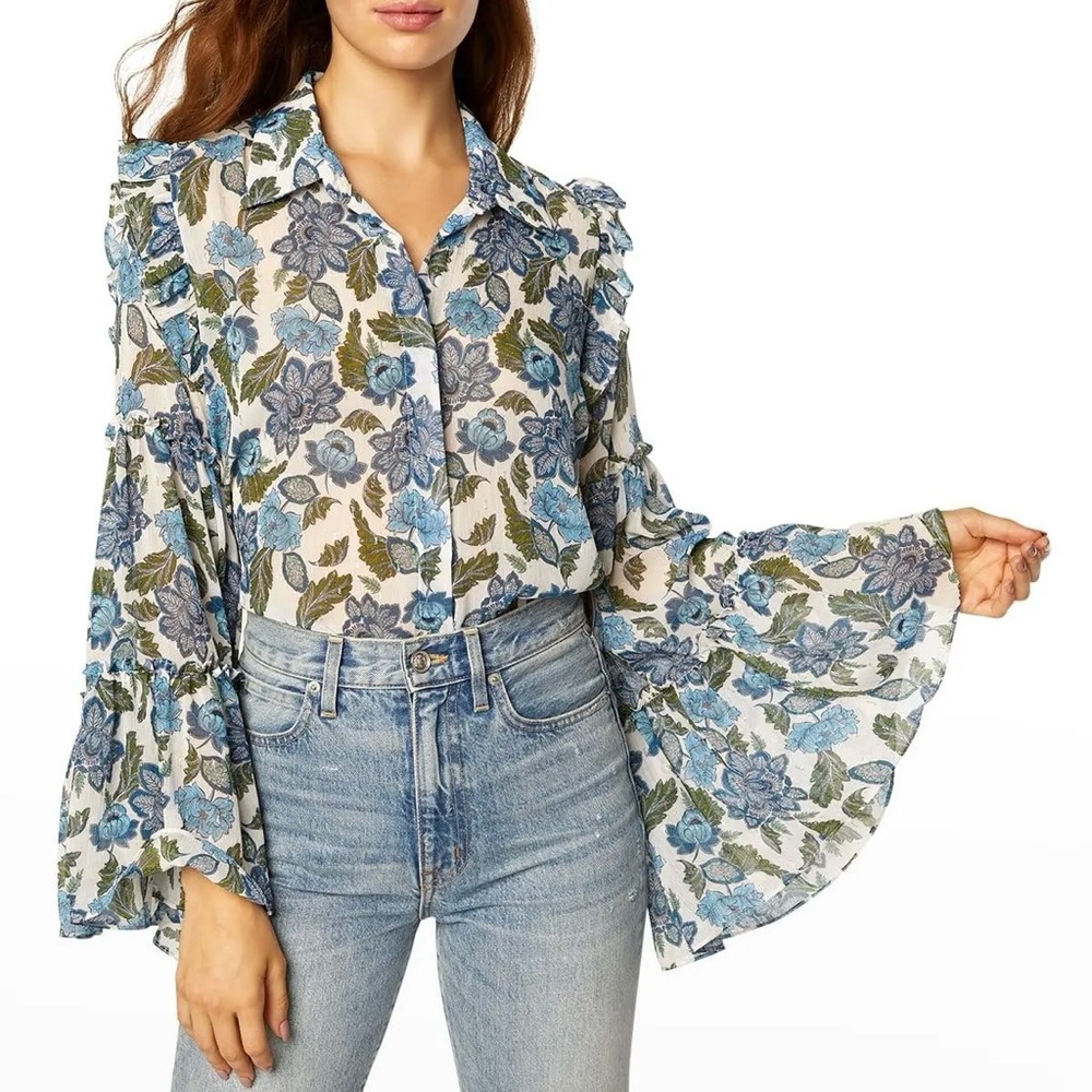 MISA Arya Floral Bell-Sleeve Button-Front Top‎ Blouse
